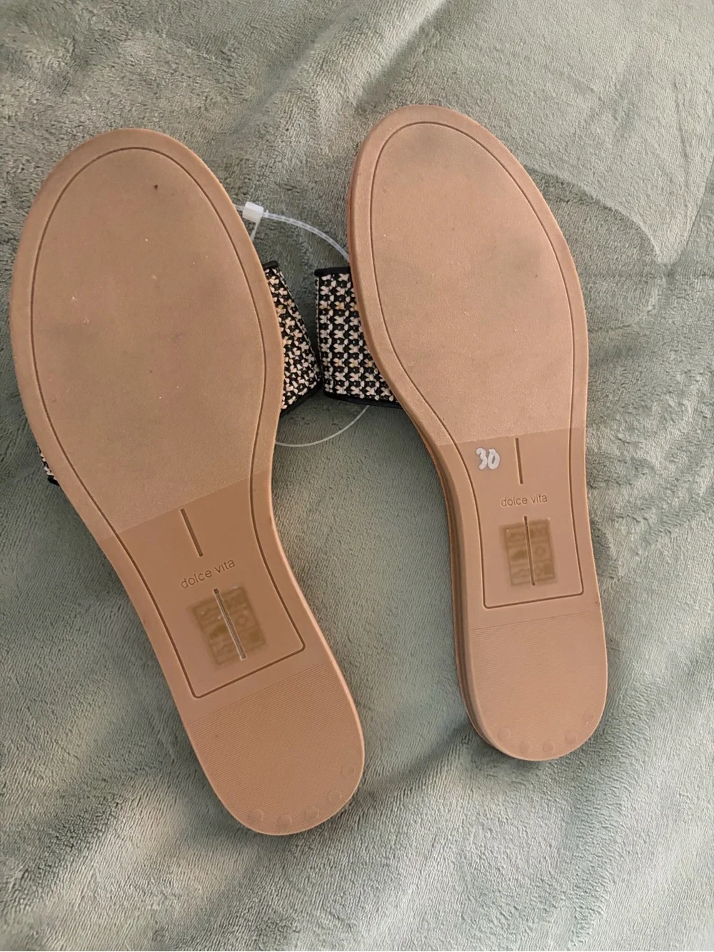 Dolce Vita Black and White Woven Buckle Slide Sandals with Tan Footbed